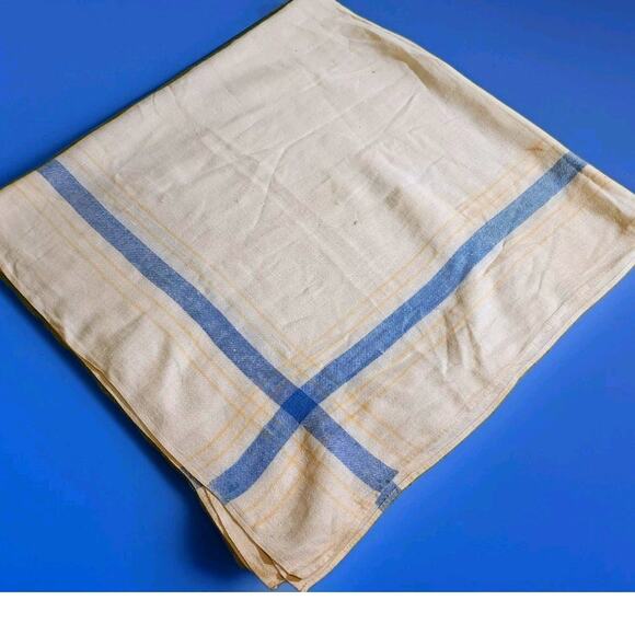 Vtg White Linen 42in Square Table Cloth Cover Blue Yellow Stripes Farmhouse READ - Picture 1 of 9